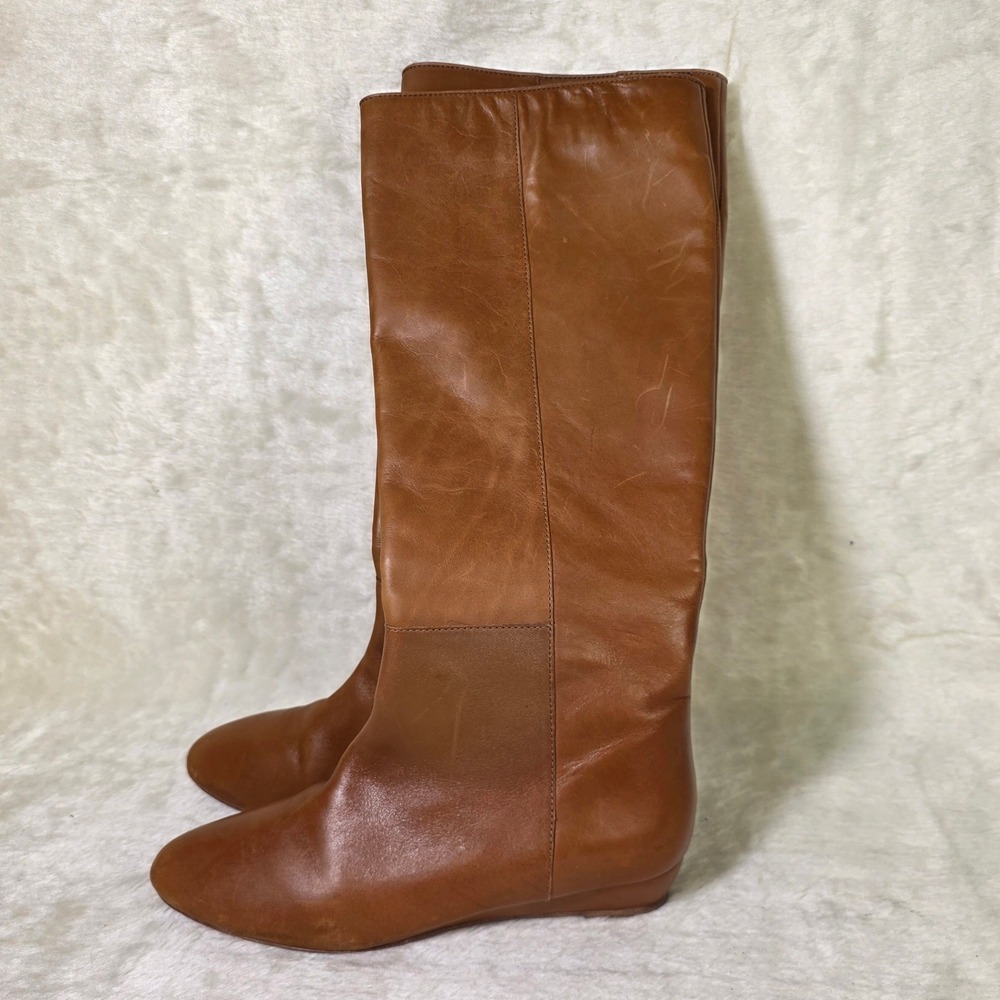 Loeffler Randall Tall Boots Micro Wedge Flat Heels Brown Leather Womens 7.5
